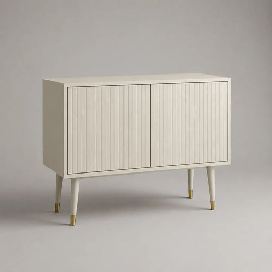 Buffet bas rectangulaire à 2 portes en MDF rainuré blanc cassé et doré, 100 × 40 × 80 cm