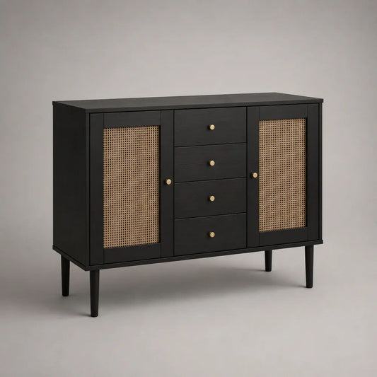 Buffet rectangulaire en bois et cannage en rotin, 2 portes et 4 tiroirs, noir et naturel, 100 × 40 × 85 cm