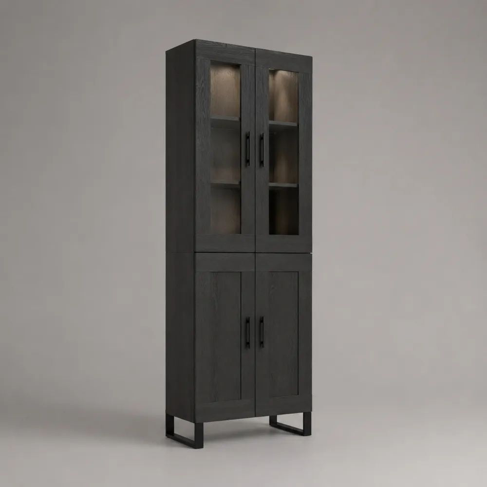 Vaisselier vitrine haut rectangulaire à 4 portes et 2 tiroirs en MDF plaqué chêne, verre trempé et acier noir, 90 × 40 × 200 cm