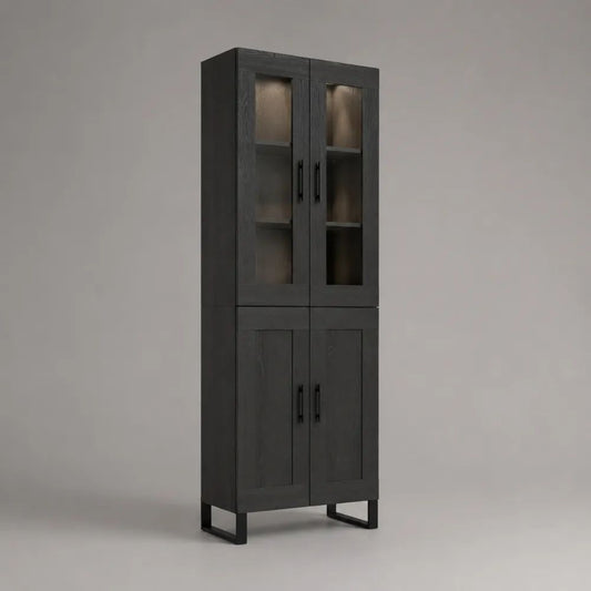 Vaisselier vitrine haut rectangulaire à 4 portes et 2 tiroirs en MDF plaqué chêne, verre trempé et acier noir, 90 × 40 × 200 cm