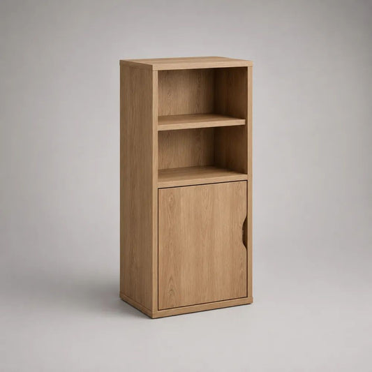 Buffet haut rectangulaire en panneaux de particules avec 2 niches et 1 porte, chêne naturel, 60 × 40 × 130 cm