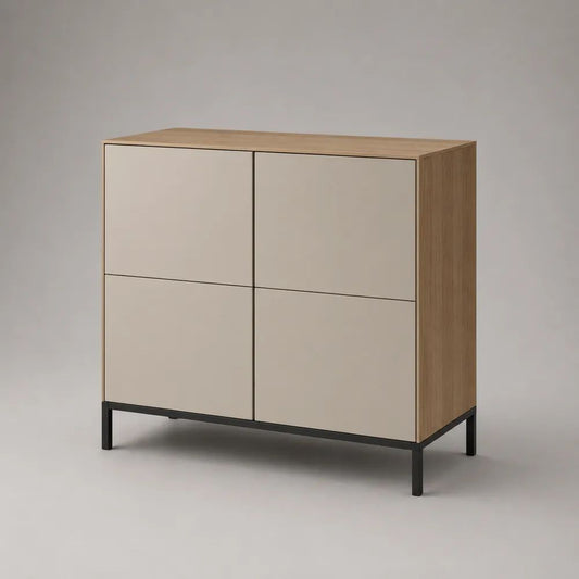 Buffet haut rectangulaire 4 portes en bois et métal, chêne naturel, beige et noir, 100 × 40 × 110 cm