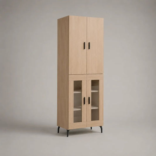 Buffet haut rectangulaire 4 portes en panneaux mélaminés et verre, chêne clair et noir, 70 × 40 × 180 cm