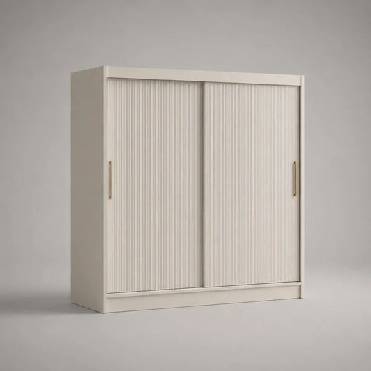 Armoire à 2 portes coulissantes en MDF rainuré et panneaux de particules, blanc cassé, 180 x 60 x 200 cm