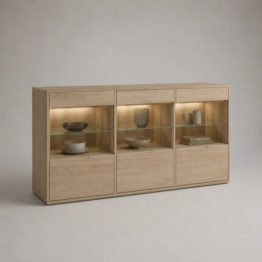Buffet vitrine en bois et verre avec 3 tiroirs, 3 portes et éclairage à LED, chêne clair, 180 × 40 × 90 cm