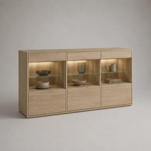 Buffet vitrine en bois et verre avec 3 tiroirs, 3 portes et éclairage à LED, chêne clair, 180 × 40 × 90 cm