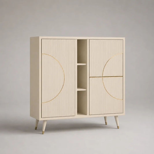 Buffet haut de rangement en MDF cannelé ivoire et doré, 3 portes et 3 niches, 120 x 40 x 125 cm