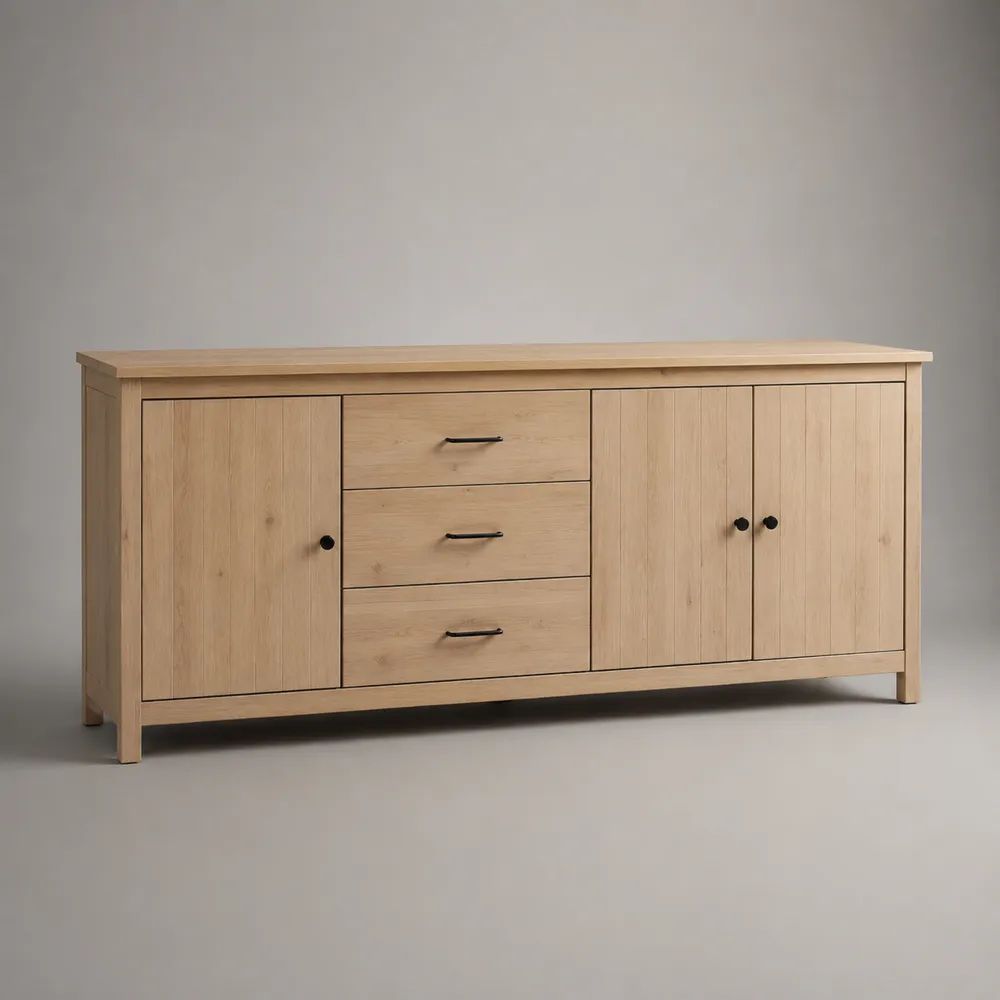 Buffet rectangulaire en chêne massif et panneaux plaqués chêne, 3 portes et 3 tiroirs, chêne naturel et noir, 180 x 45 x 85 cm