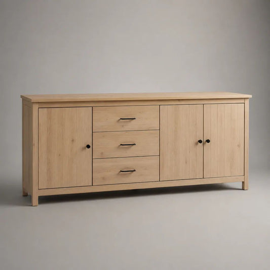 Buffet rectangulaire en chêne massif et panneaux plaqués chêne, 3 portes et 3 tiroirs, chêne naturel et noir, 180 x 45 x 85 cm