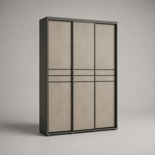 Armoire rectangulaire à 3 portes coulissantes en MDF et panneaux de particules, beige et anthracite, 180 × 60 × 220 cm