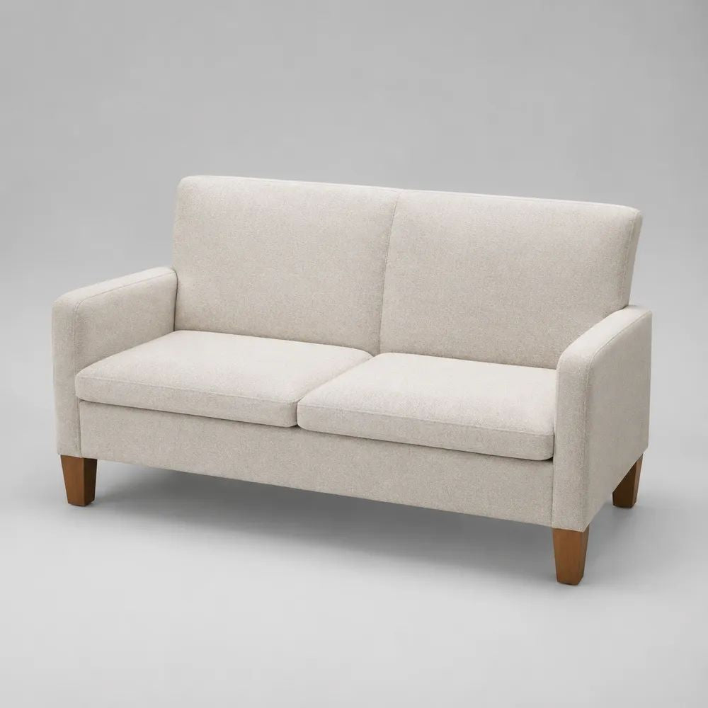 Canapé rectangulaire 2 places en polyester beige clair avec pieds en bois brun, 145 x 78 x 86 cm