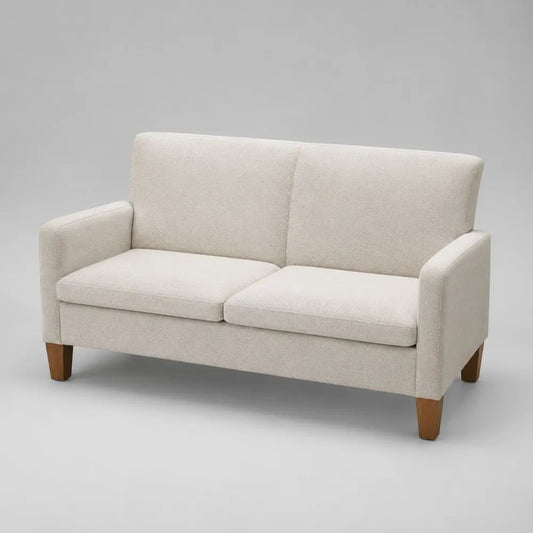 Canapé rectangulaire 2 places en polyester beige clair avec pieds en bois brun, 145 x 78 x 86 cm