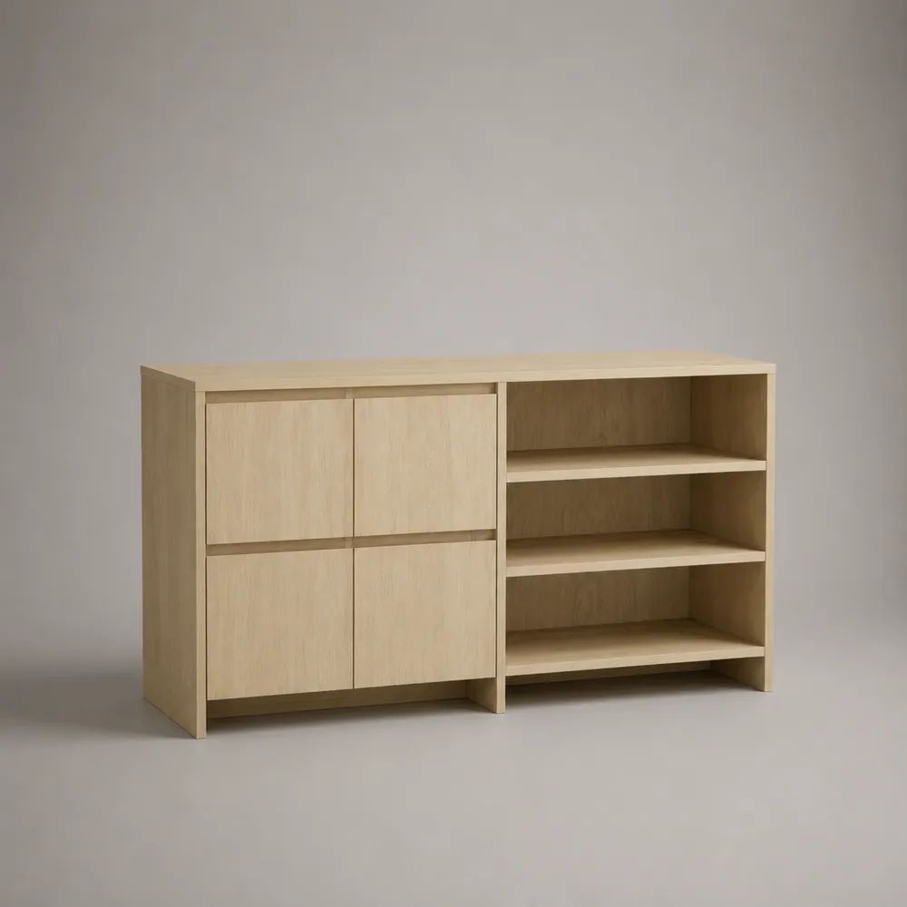 Buffet bahut rectangulaire en bois, 4 portes et 3 niches, chêne clair, 140 x 40 x 80 cm